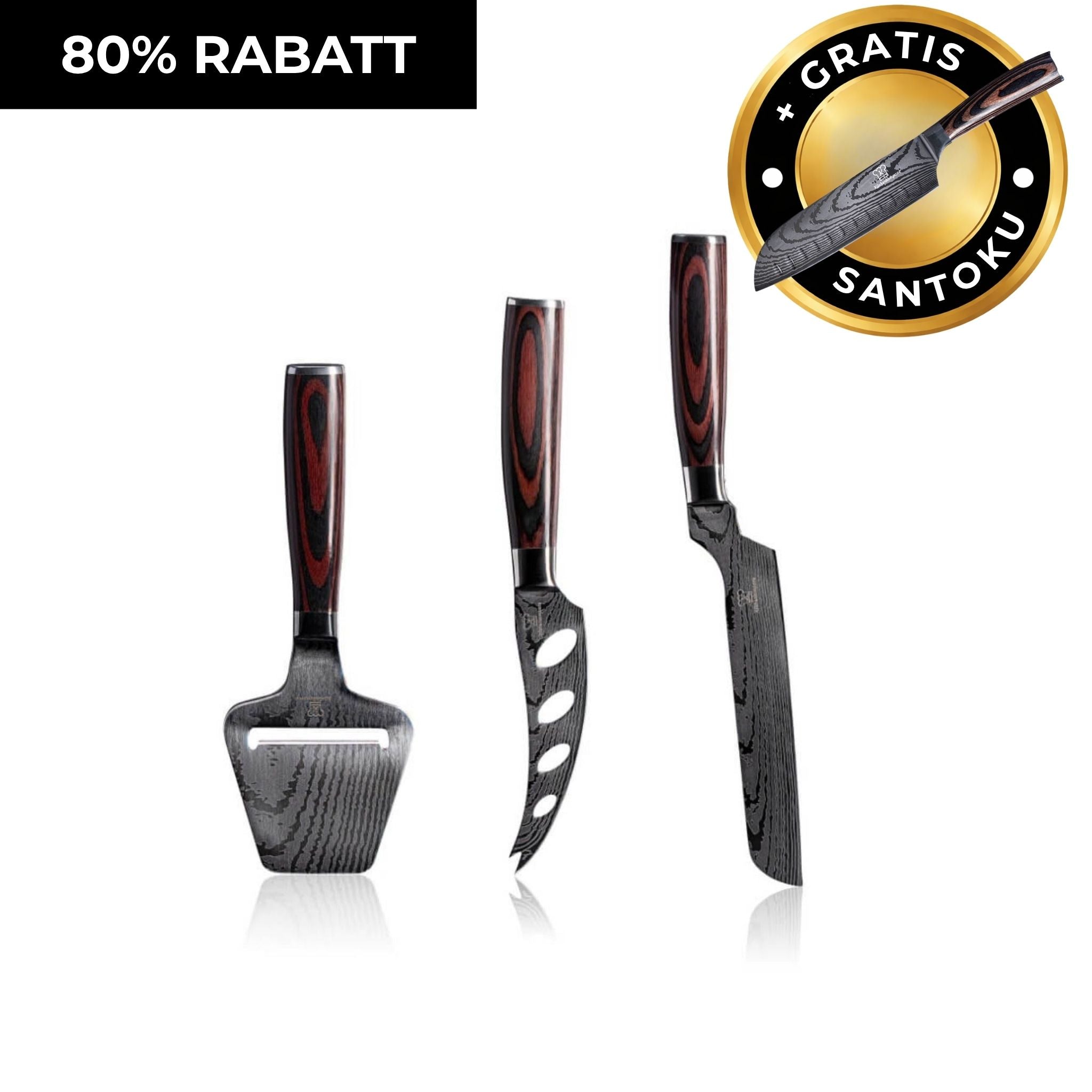 Osttrio: 2 ostknivar & osthyvel + Gratis Santoku