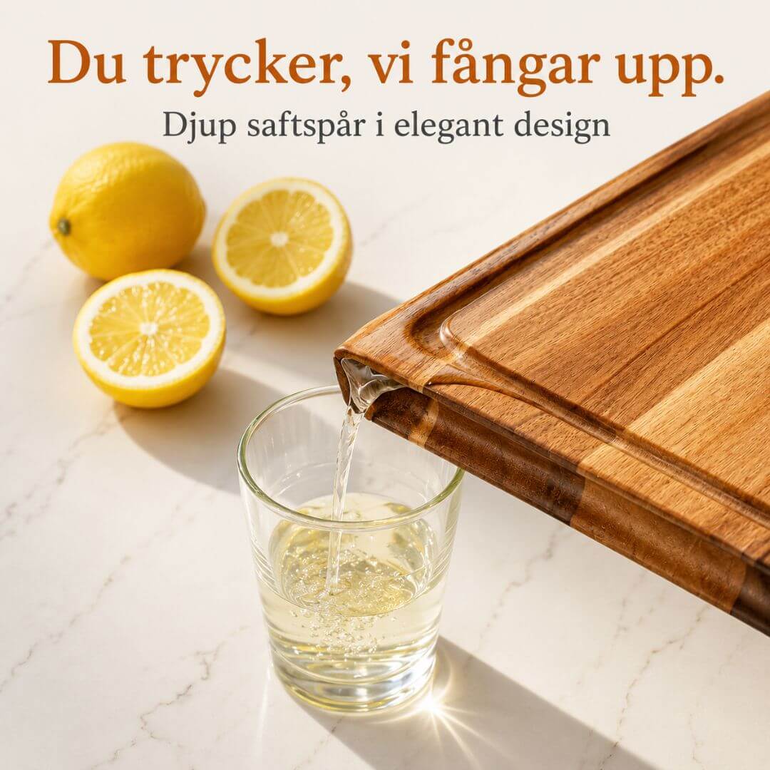 Stor skärbräda – dubbelsidig med runtgående saftskåra & snacksskåra