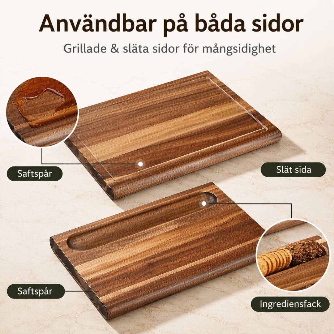 Stor skärbräda – dubbelsidig med runtgående saftskåra & snacksskåra
