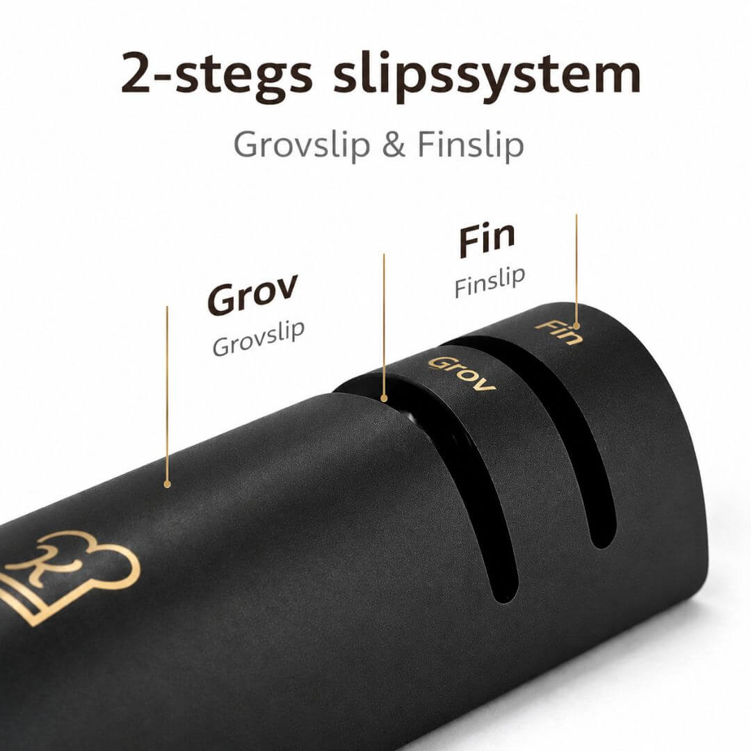 Knivslipare i trä – 2-stegs system + Gratis Santoku
