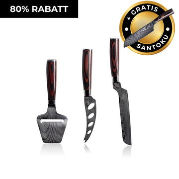 Osttrio: 2 ostknivar & osthyvel + Gratis Santoku