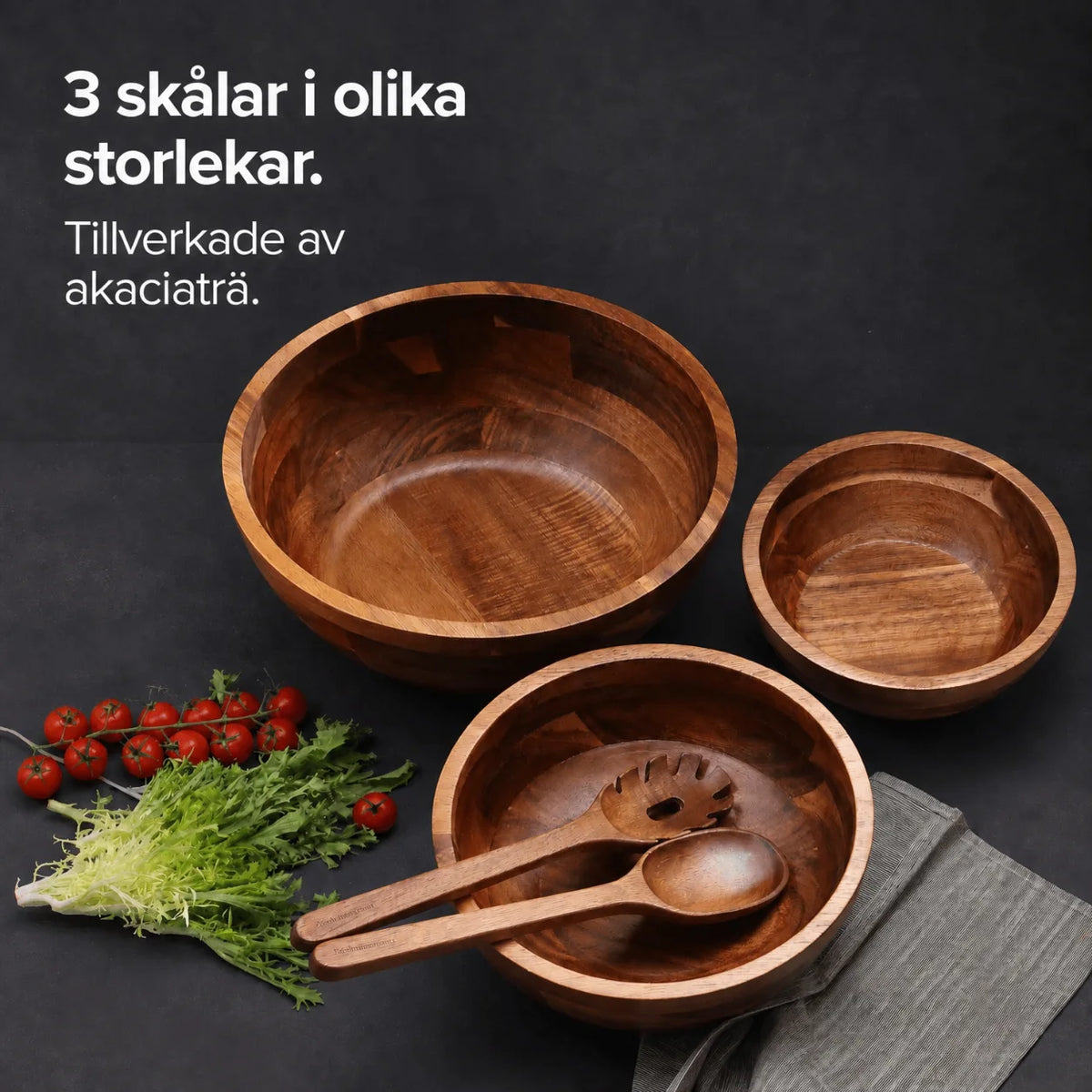 Salladsskålset i akaciaträ – 3 skålar inkl. salladsbestick